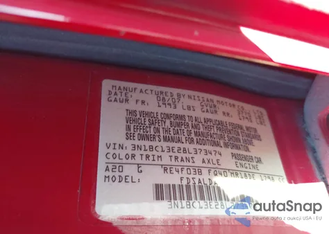 2008 Nissan Versa 1.8S z USA, uszkodzony, nr VIN 3N1BC13E28L373474